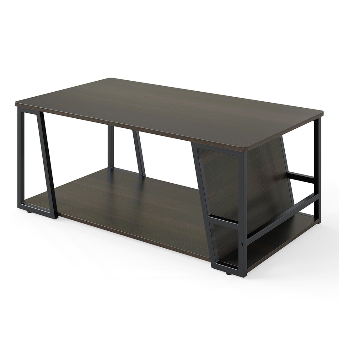 Rectangle Coffee Table 2-tier Industrial Accent Table with Storage Shelf and Compartment