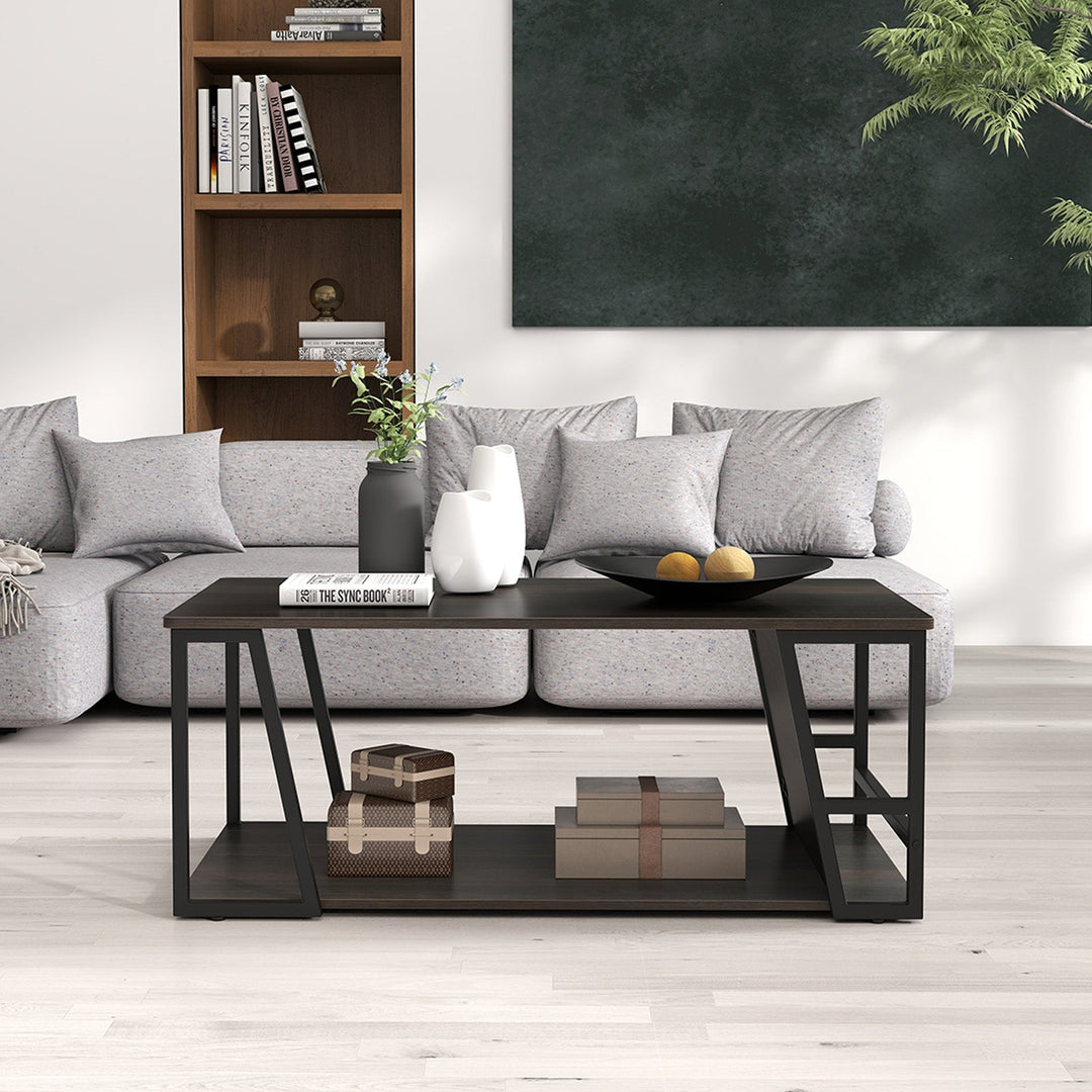 Rectangle Coffee Table 2-tier Industrial Accent Table with Storage Shelf and Compartment