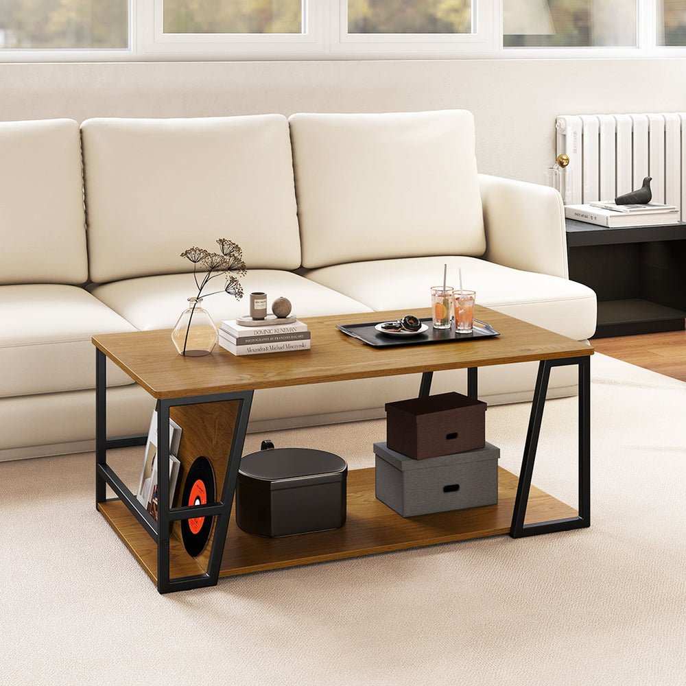 Rectangle Coffee Table 2-tier Industrial Accent Table with Storage Shelf and Compartment