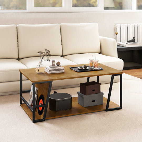 Rectangle Coffee Table 2-tier Industrial Accent Table with Storage Shelf and Compartment