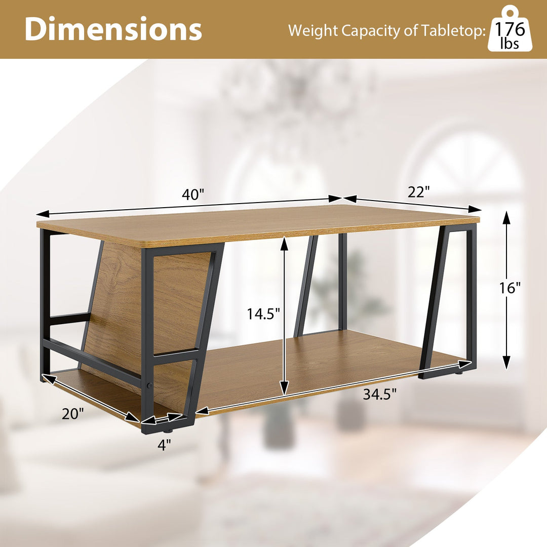 Rectangle Coffee Table 2-tier Industrial Accent Table with Storage Shelf and Compartment