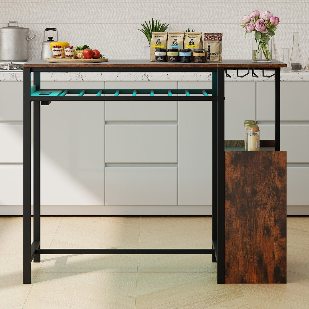 Rectangular Bar Table with Charging Station and LED Light-Rustic Brown