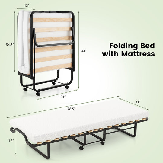 Rollaway Folding Bed with Memory Foam Mattress Made in Italy
