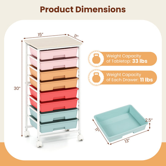8-Drawer Rolling Storage Cart with Wooden Top and Lockable Wheels