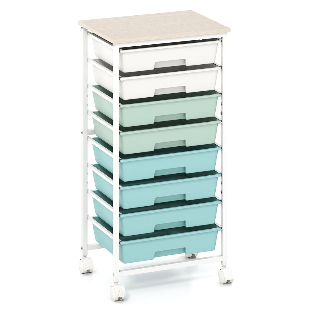 8-Drawer Rolling Storage Cart with Wooden Top and Lockable Wheels