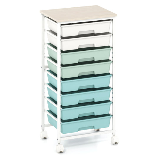 8-Drawer Rolling Storage Cart with Wooden Top and Lockable Wheels