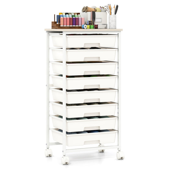 8-Drawer Rolling Storage Cart with Wooden Top and Lockable Wheels