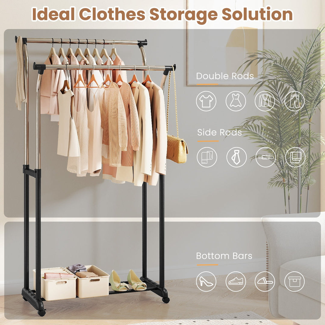 Rolling Clothes Rack Double Rod Garment Rack with Adjustable Height