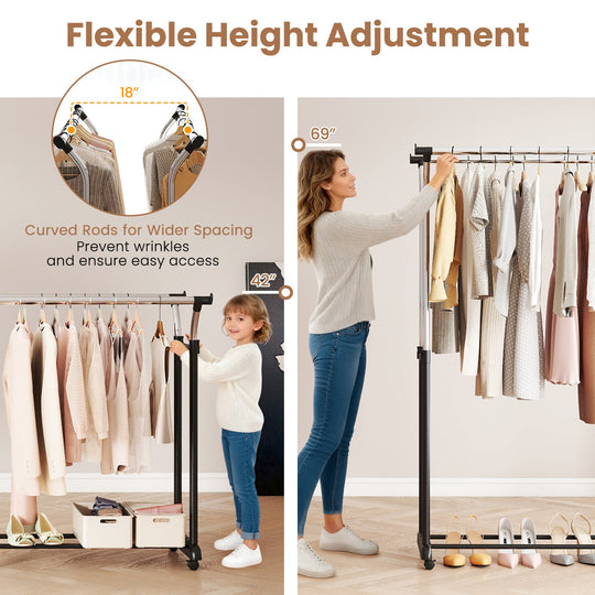 Rolling Clothes Rack Double Rod Garment Rack with Adjustable Height