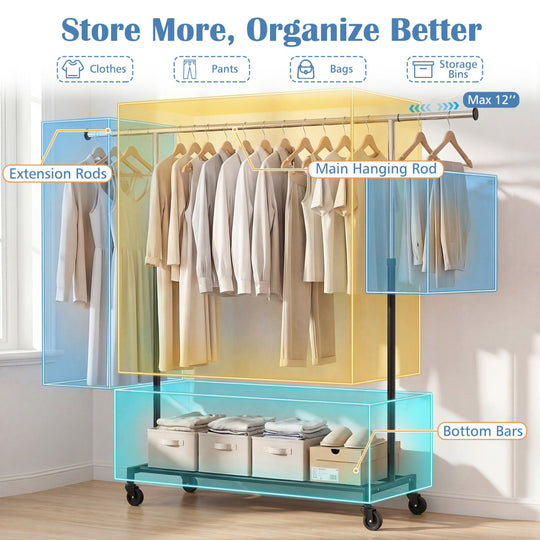 Rolling Clothes Rack Extendable Garment Stand for Hanging Clothes