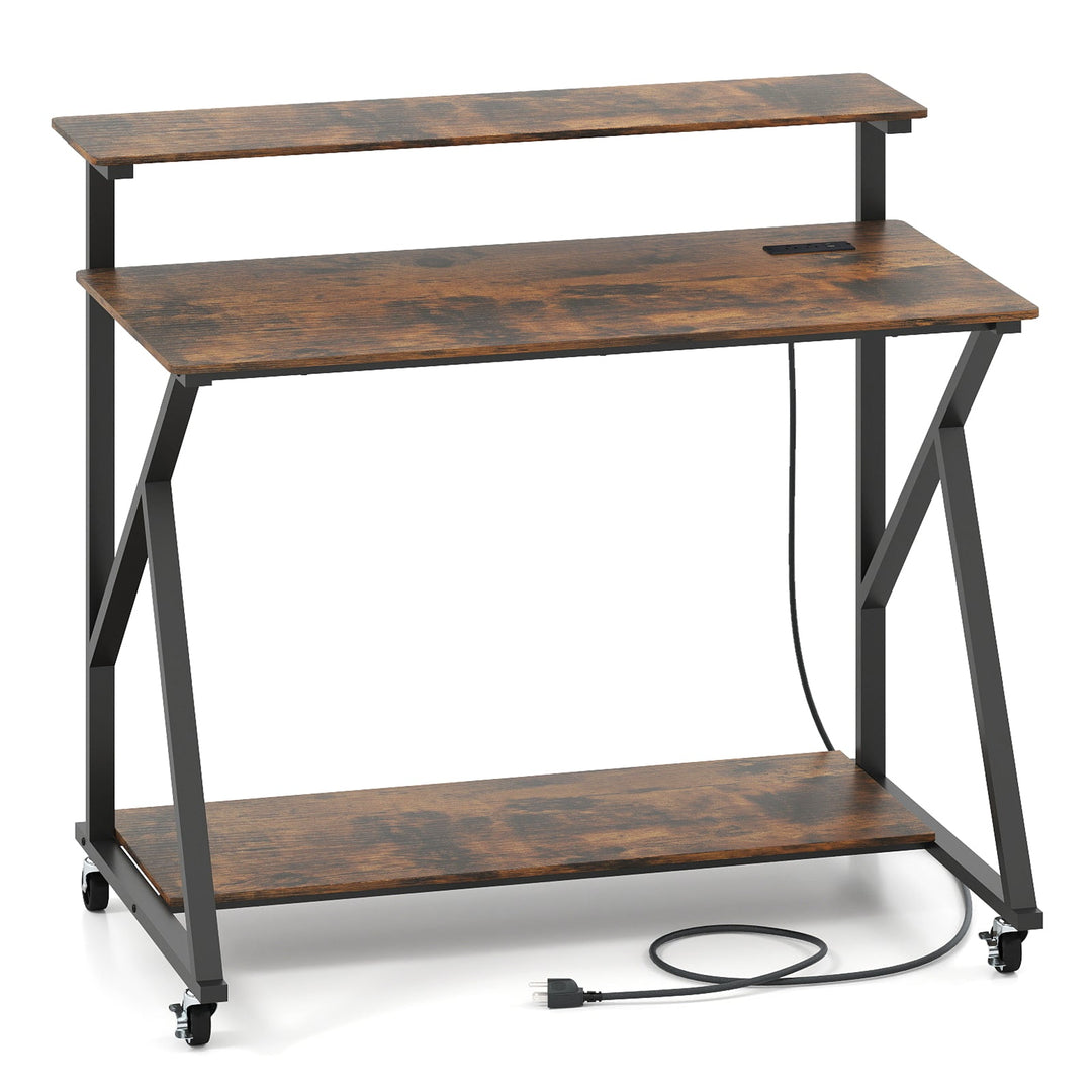 Rolling Computer Desk with Charging Station and Monitor Shelf Storage for Home Office