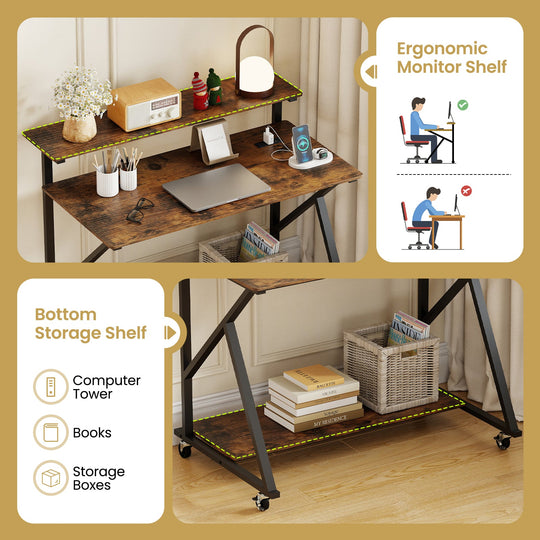 Rolling Computer Desk with Charging Station and Monitor Shelf Storage for Home Office