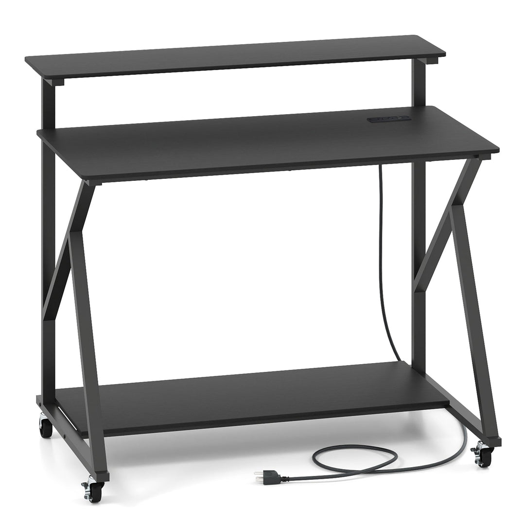 Rolling Computer Desk with Charging Station and Monitor Shelf Storage for Home Office
