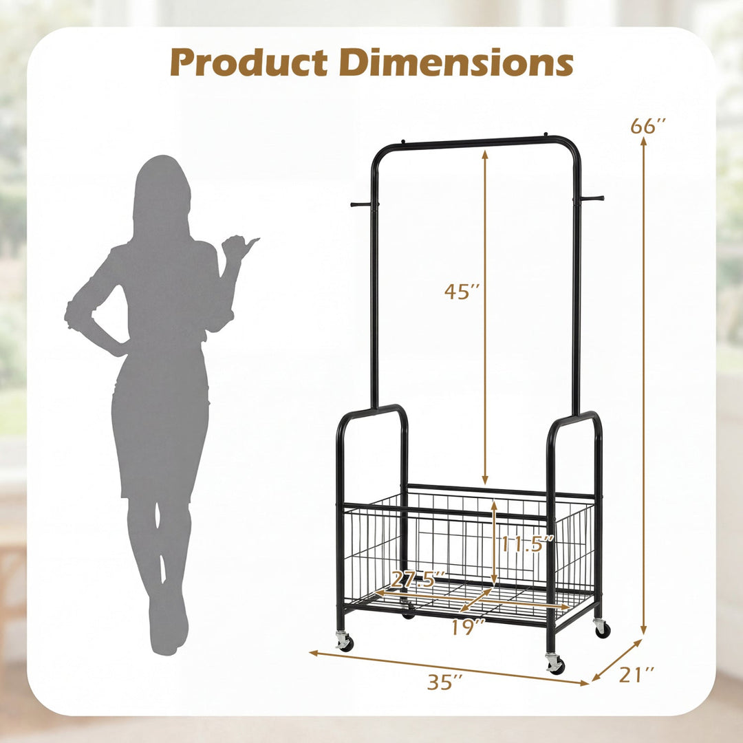 Rolling Metal Clothes Rack with Hanging Rod and Storage Basket