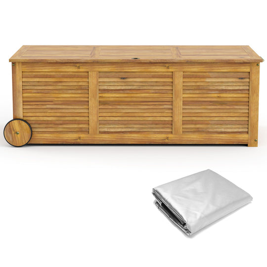 Rolling Patio Wooden Deck Box with 2 Wheels and Side Handle for Outdoor