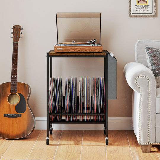 Rolling Record Player Stand 2-Tier with Vinyl Storage and Magazine Holder Bag