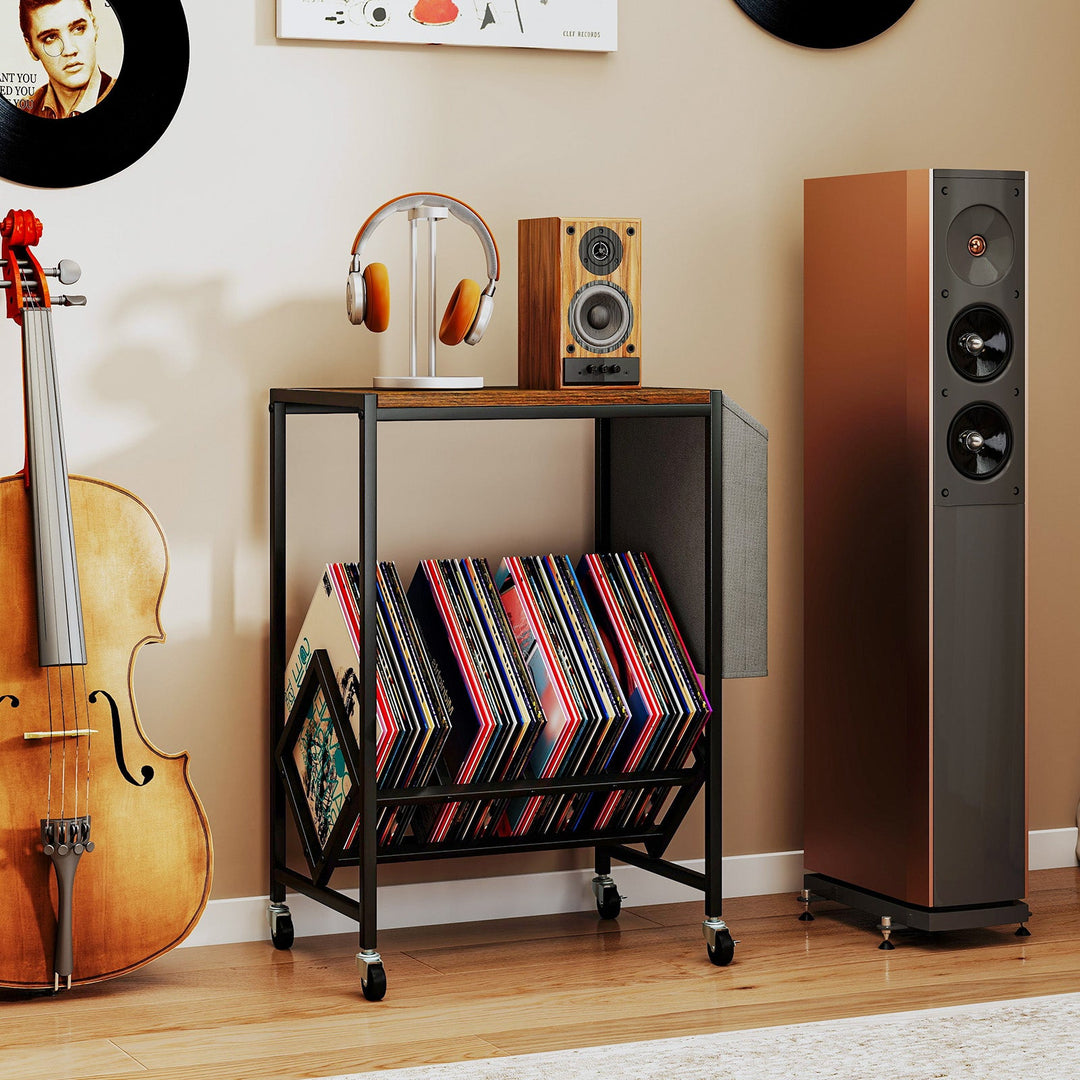 Rolling Record Player Stand 2-Tier with Vinyl Storage and Magazine Holder Bag