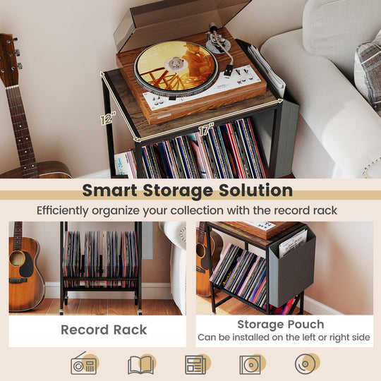 Rolling Record Player Stand 2-Tier with Vinyl Storage and Magazine Holder Bag