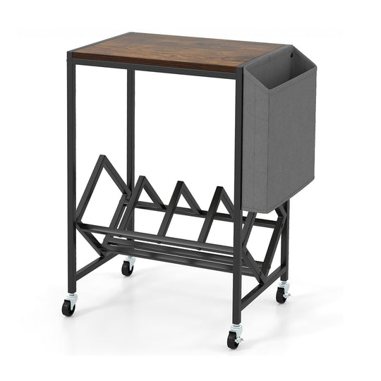 Rolling Record Player Stand 2-Tier with Vinyl Storage and Magazine Holder Bag
