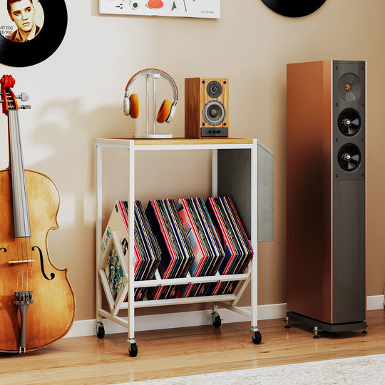 Rolling Record Player Stand 2-Tier with Vinyl Storage and Magazine Holder Bag