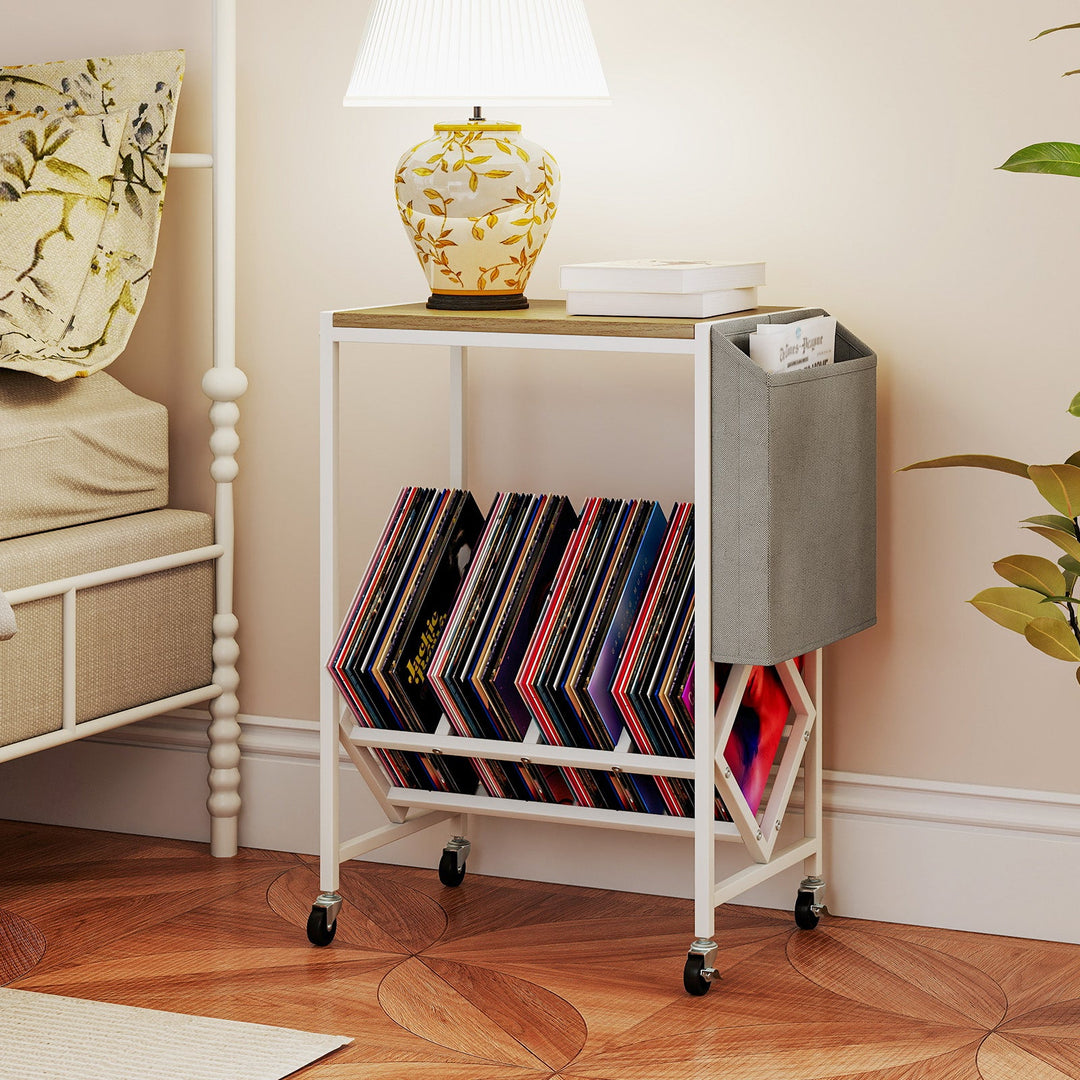 Rolling Record Player Stand 2-Tier with Vinyl Storage and Magazine Holder Bag