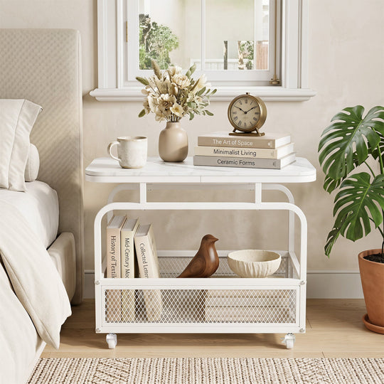 Rolling Side Table with Faux Marble Top and Storage Basket