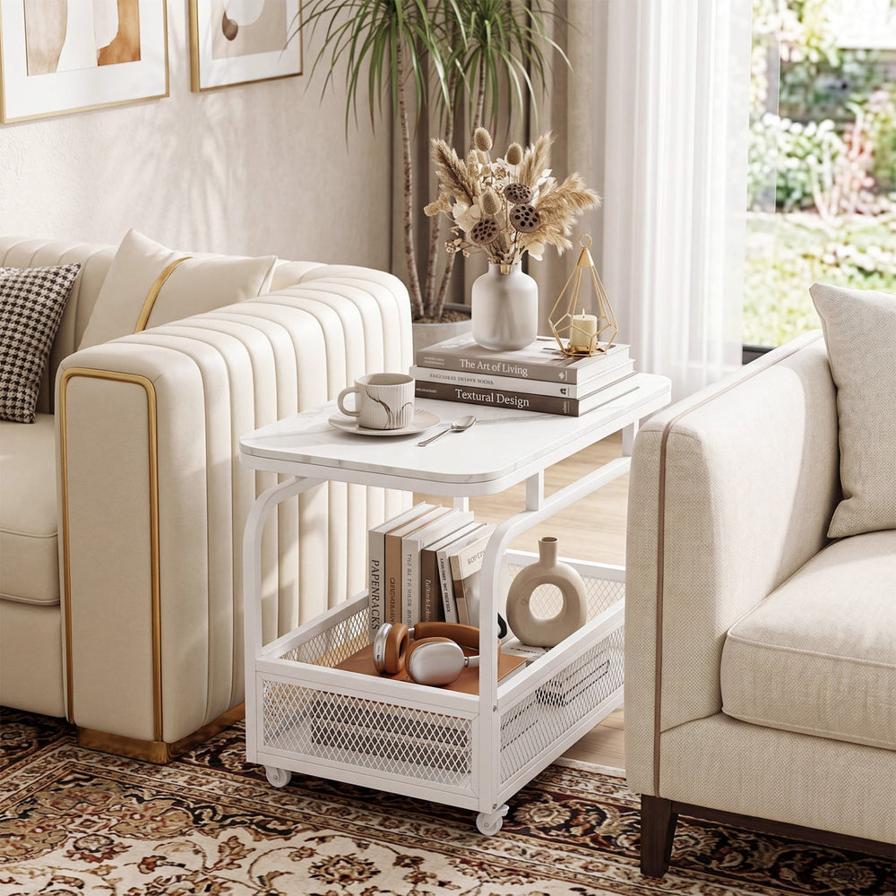 Rolling Side Table with Faux Marble Top and Storage Basket