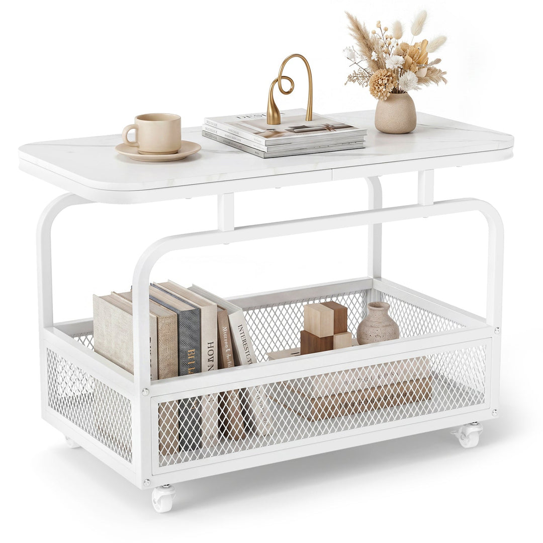 Rolling Side Table with Faux Marble Top and Storage Basket