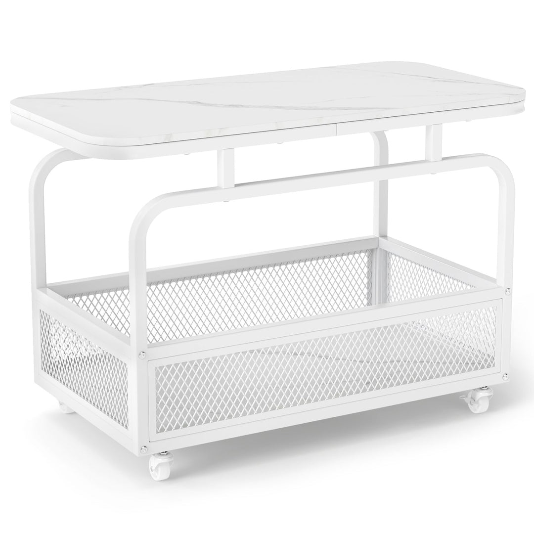 Rolling Side Table with Faux Marble Top and Storage Basket
