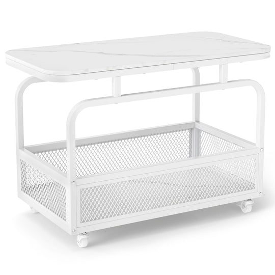 Rolling Side Table with Faux Marble Top and Storage Basket