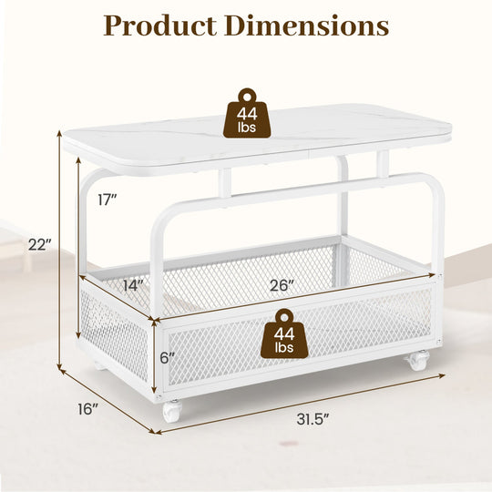 Rolling Side Table with Faux Marble Top and Storage Basket