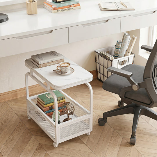 Rolling Side Table with Faux Marble Top and Storage Basket
