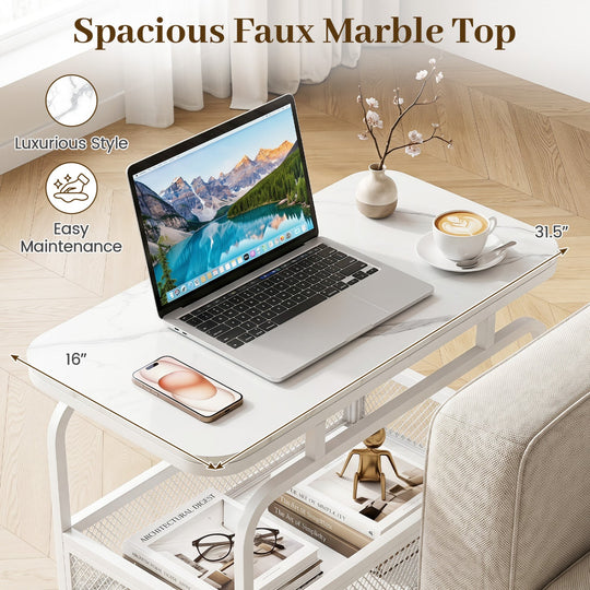 Rolling Side Table with Faux Marble Top and Storage Basket