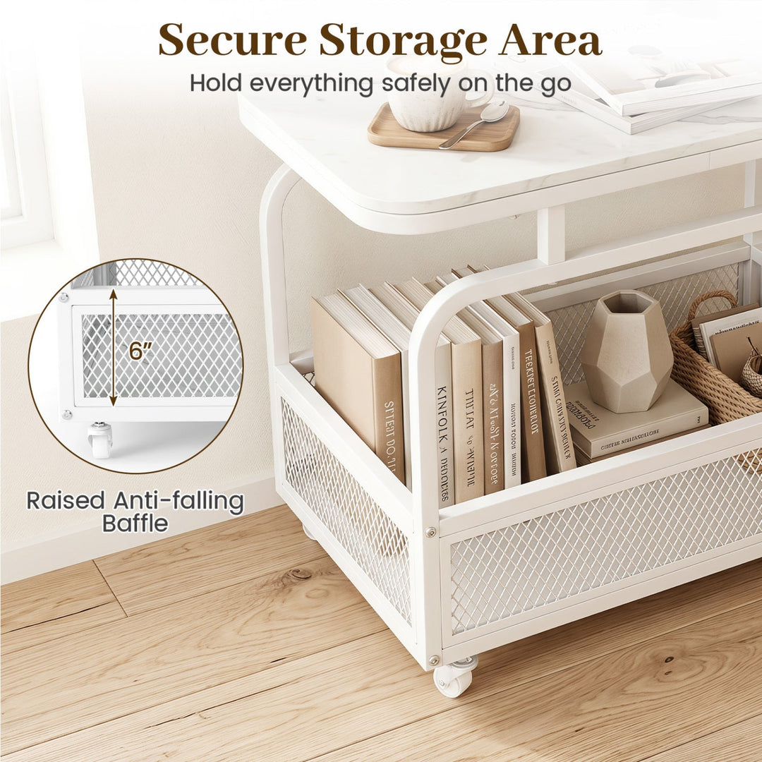 Rolling Side Table with Faux Marble Top and Storage Basket