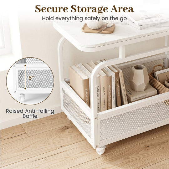 Rolling Side Table with Faux Marble Top and Storage Basket
