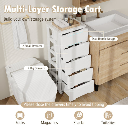 6-Drawer Rolling Storage Cabinet with Wheels - White