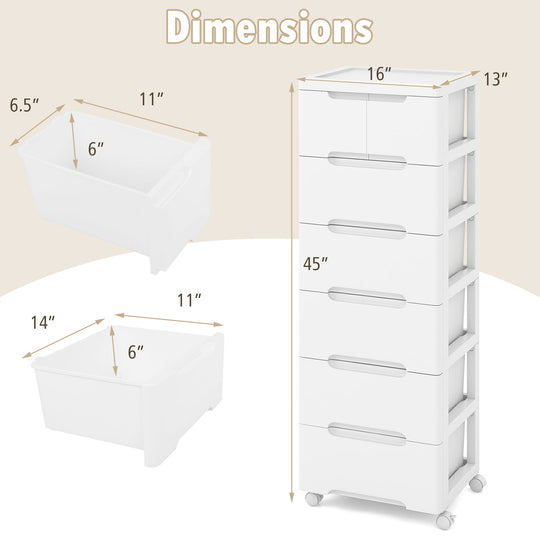 6-Drawer Rolling Storage Cabinet with Wheels - White