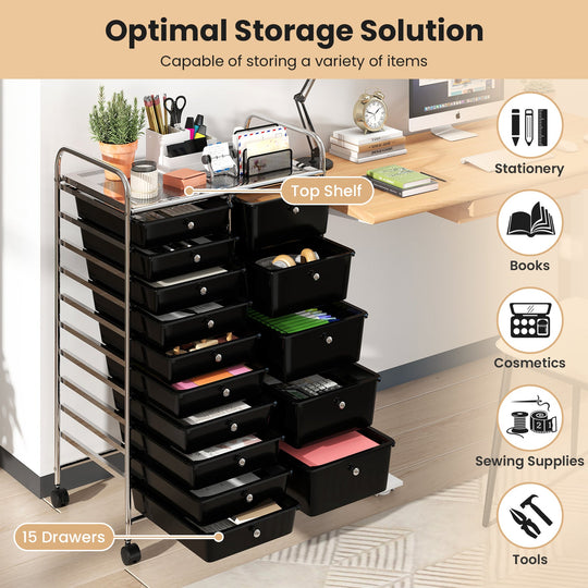 Rolling Storage Cart 15-Drawer Trolley with Chrome Plated Metal Frame