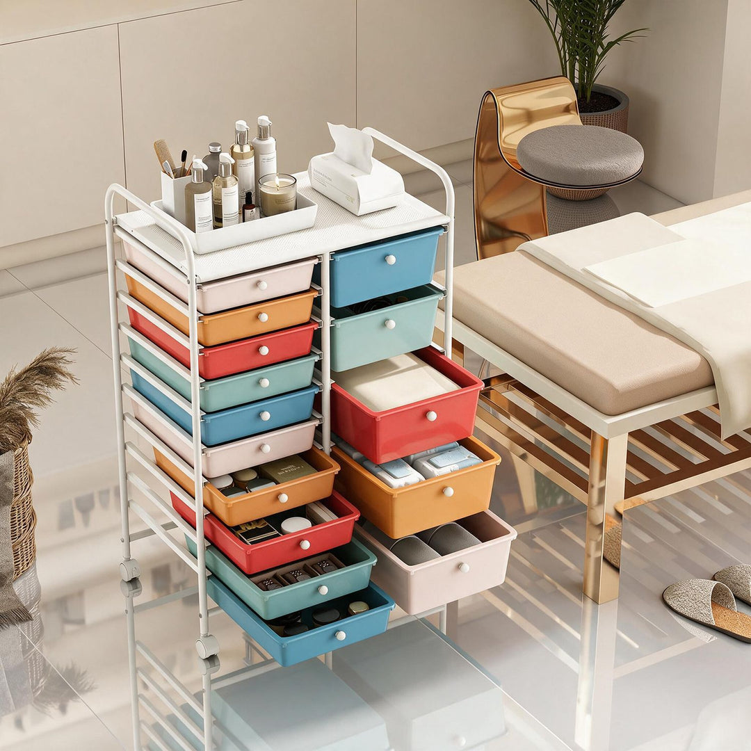 Rolling Storage Cart 15-Drawer Trolley with Chrome Plated Metal Frame