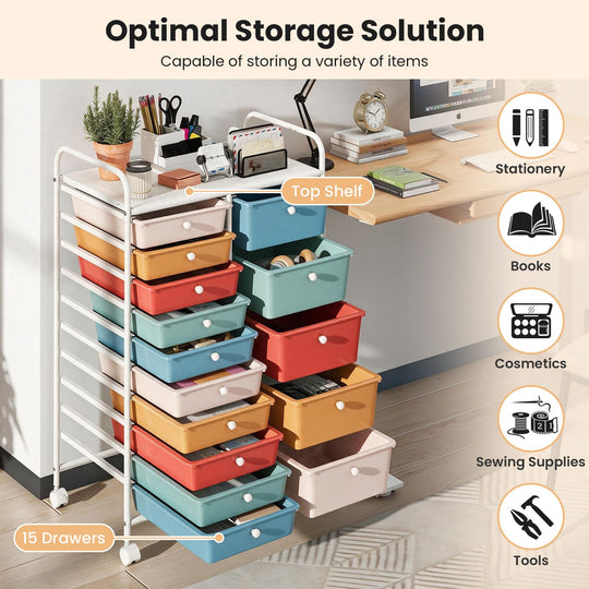 Rolling Storage Cart 15-Drawer Trolley with Chrome Plated Metal Frame