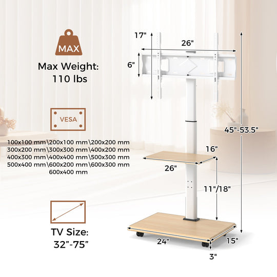 Rolling TV Stand on Wheels Mobile TV Cart for 32-75 Inch TVs Portable AV Cart