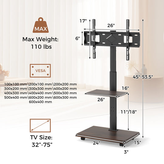 Rolling TV Stand on Wheels Mobile TV Cart for 32-75 Inch TVs Portable AV Cart