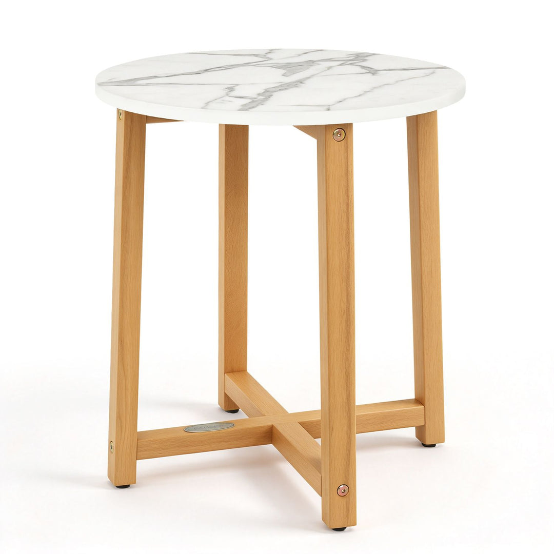 Round End Table with Faux Marble Top and Acacia Wood Legs