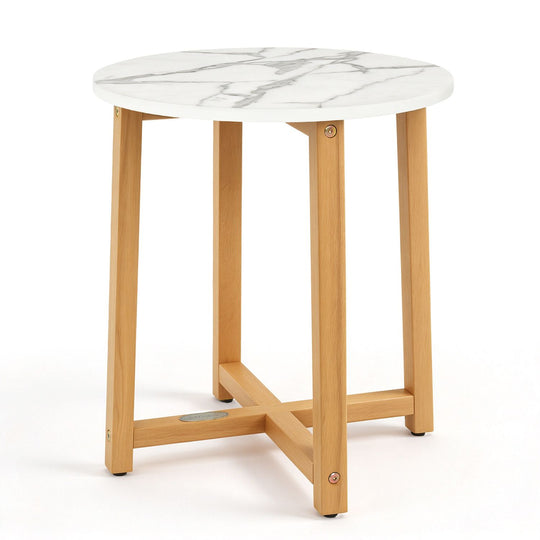 Round End Table with Faux Marble Top and Acacia Wood Legs