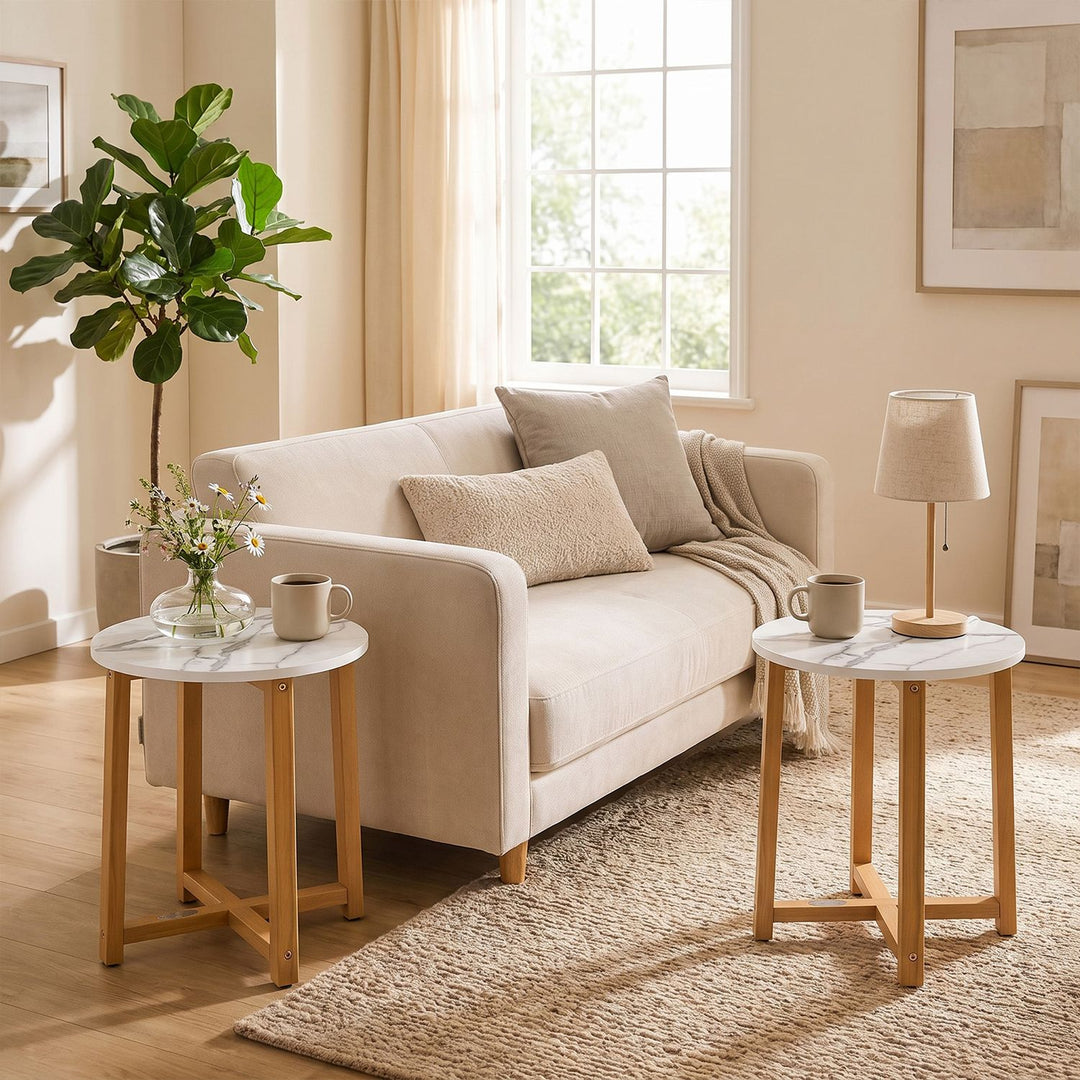 Round End Table with Faux Marble Top and Acacia Wood Legs