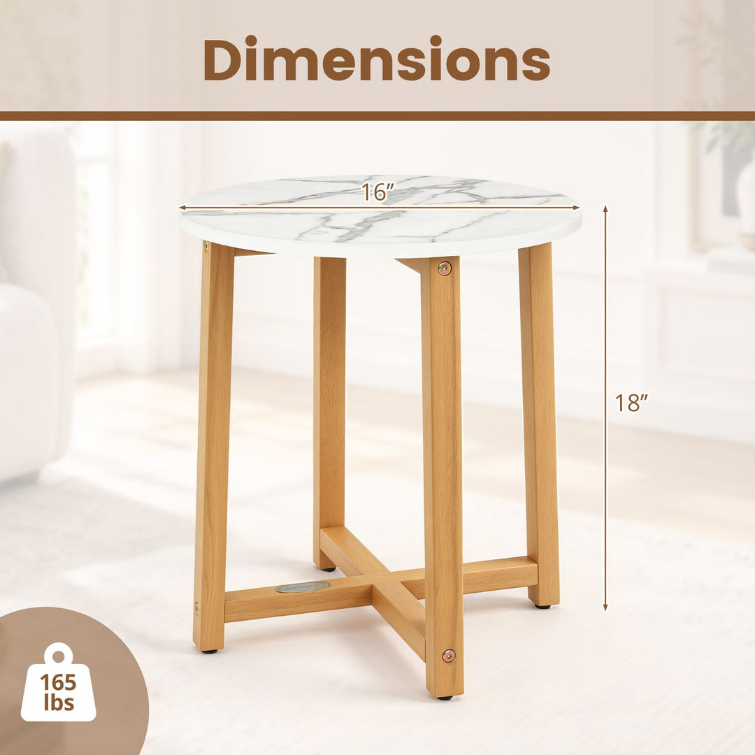 Round End Table with Faux Marble Top and Acacia Wood Legs