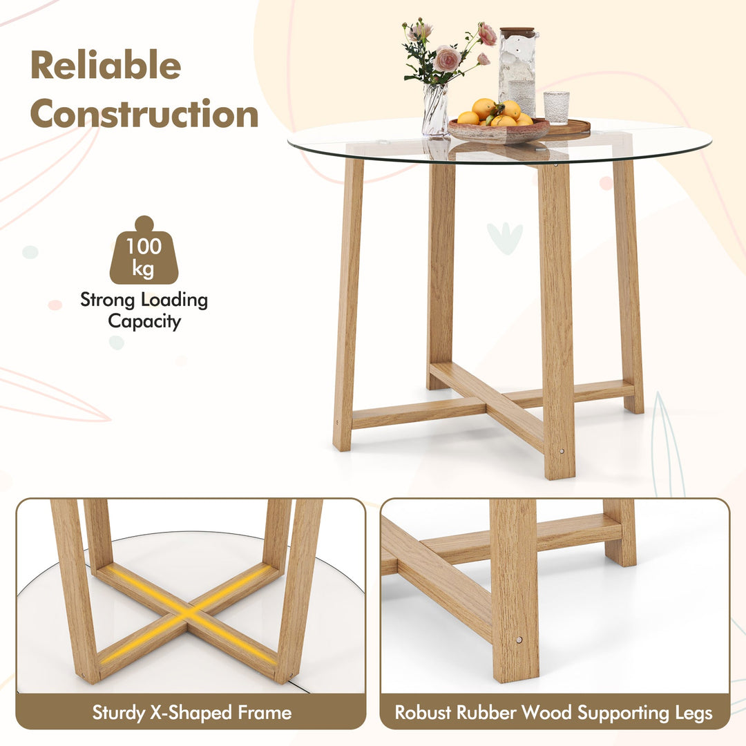 42 Inches Round Glass Dining Table with Tempered Glass Tabletop and Rubber Wood Legs-Natural