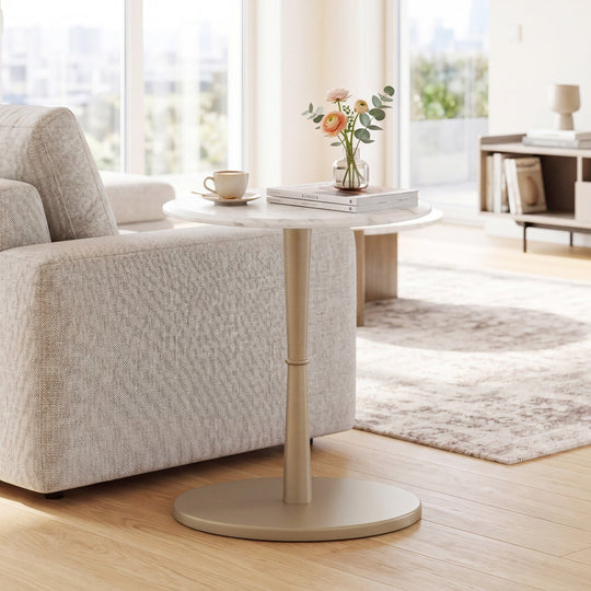 Round Marble Side Table with Stone Finish and Wooden Base for Small Spaces