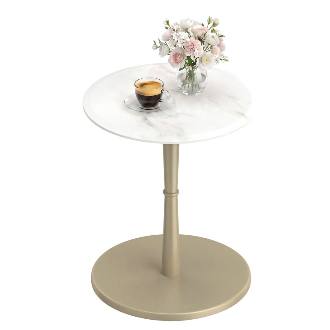 Round Marble Side Table with Stone Finish and Wooden Base for Small Spaces