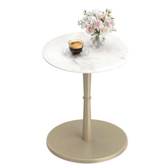 Round Marble Side Table with Stone Finish and Wooden Base for Small Spaces